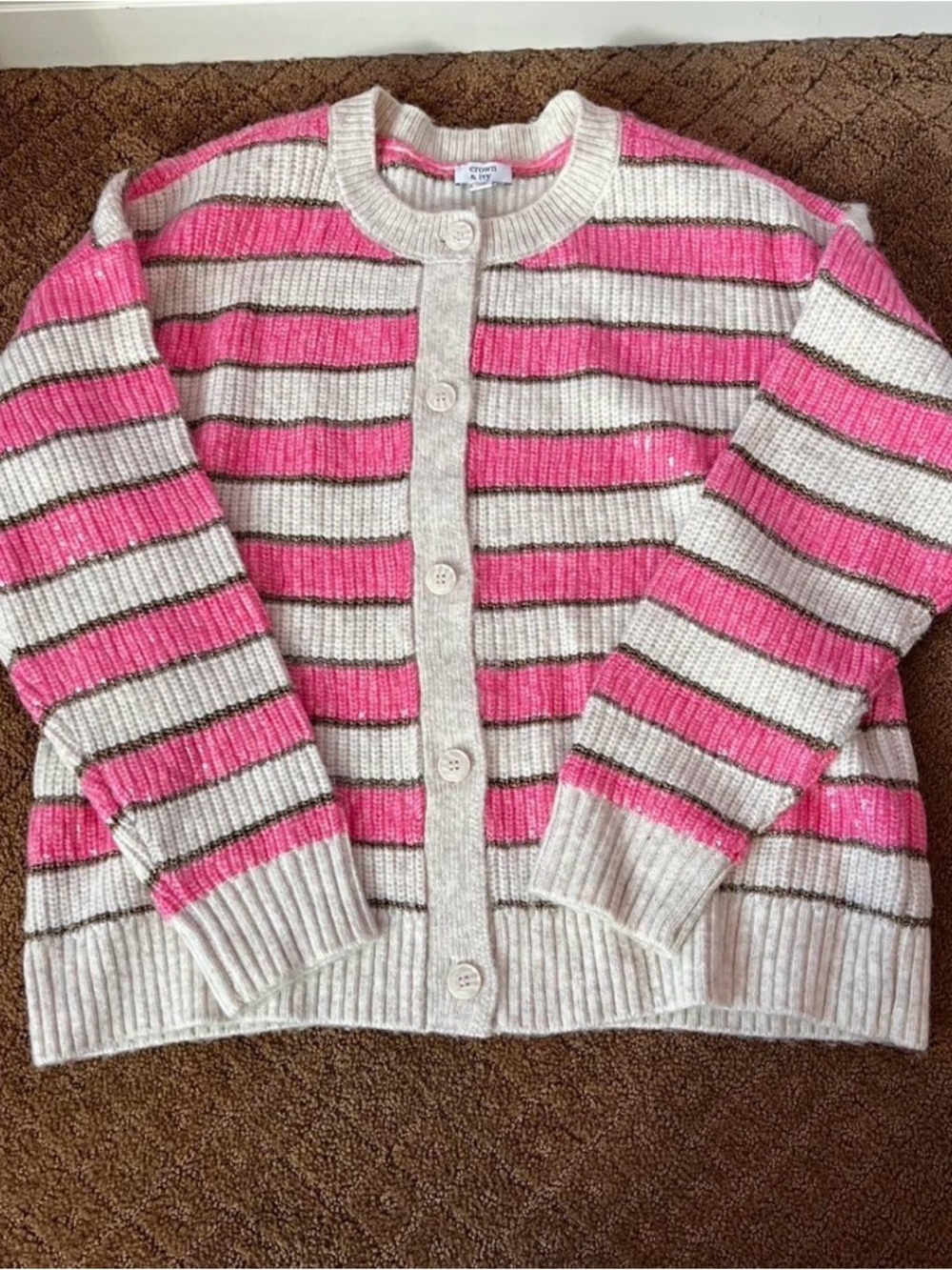 Crown & Ivy stripe shine sequin cardigan women’s size XL - Picture 3 of 8